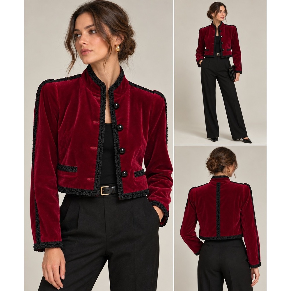 YSL Saint Laurent Rive Gauche 1970s Velvet Military Jacket Burgundy FR 34 VTG